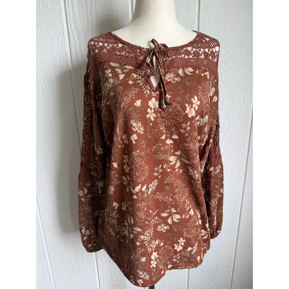Y2K Boho Floral Peasant Top Medium Brown Crochet Lace Balloon Medium